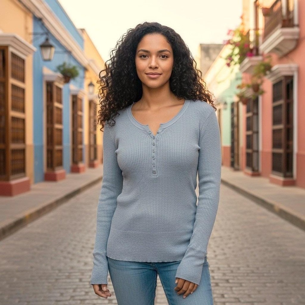 Juniors Henley Top Women XL Blue Ribbed Cotton Long Sleeve Y2K Casual Basic